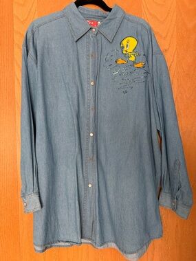 Looney Tunes Denim Button-Up Shirt XL Tweety Sylvester Bugs Bunny Customized